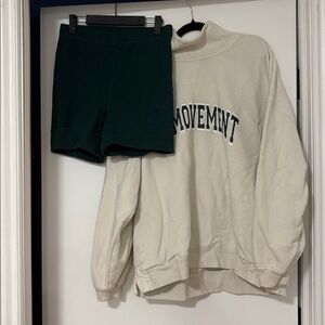 FP Movement Cream sweatshirt and green bike shorts set